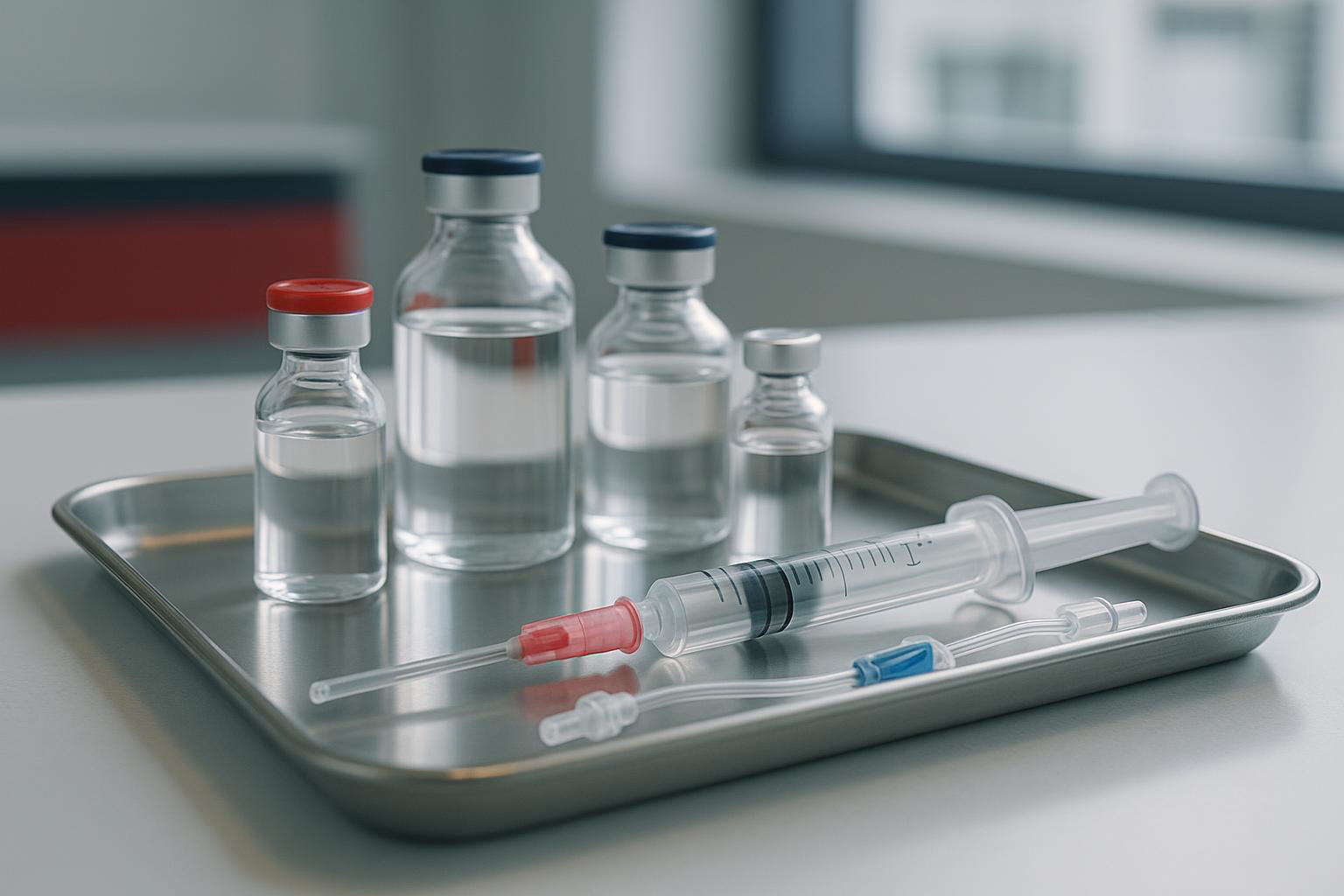 Contrast media vials and a transfer set on a clinical tray
