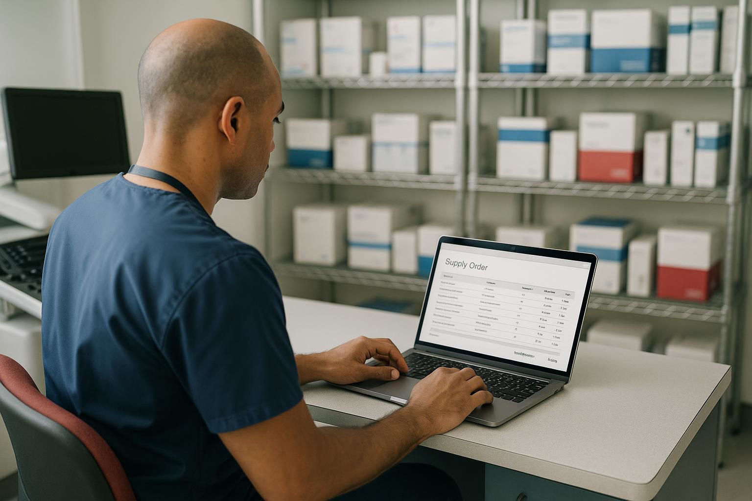 A technologist placing a supply order at a workstation